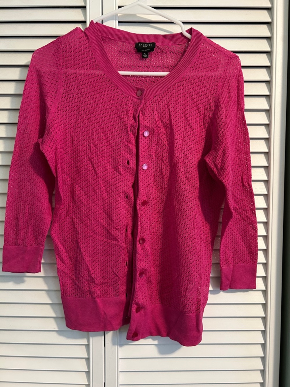Talbots Fuchsia Open-Knit mesh cotton Button Cardigan